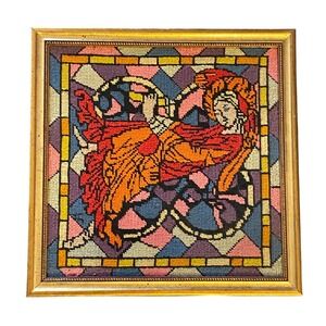 Vintage MCM Needlepoint Stained Glass Style Angel Gold Frame 11x11 SF 70s